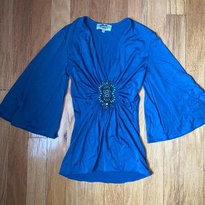 Vintage Girl Core Y2K Jagger Swarovski Crystal Flutter Sleeve Teal Blue Knit Top
